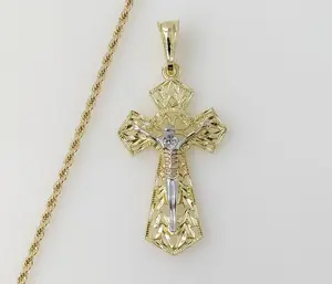 Plated Tri-Color Cross 2mm Rope/Braided Chain Necklace