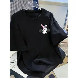 Gym Bunny Weightlifting Rabbit Graphic T-Shirt, Cute Workout Bunny Print Tee, Oversized Crew Neck Shirt, Fitness Casual Short Sleeve Top, Trendy Gym Aesthetic Cotton Tee for Fitness Enthusiasts, Bunny Lovers and Gym Rats