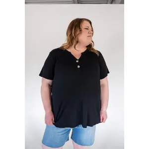 Lady's Black Double-Button Ribbed V-Neck Short-Sleeve Stretchy Basic Boyfriend Tee - Breathable Spandex Casual Streetwear Top, Baby-Friendly, Pairable with Leggings, Cardigans, Jeans, Shirts, Blouses