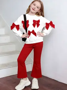 2pcs Girls' Front Bow Long Sleeve Sweatshirt and Flared Pants Set, Stylish Campus Crew Neck Casual Fashion Pullover Outfit
