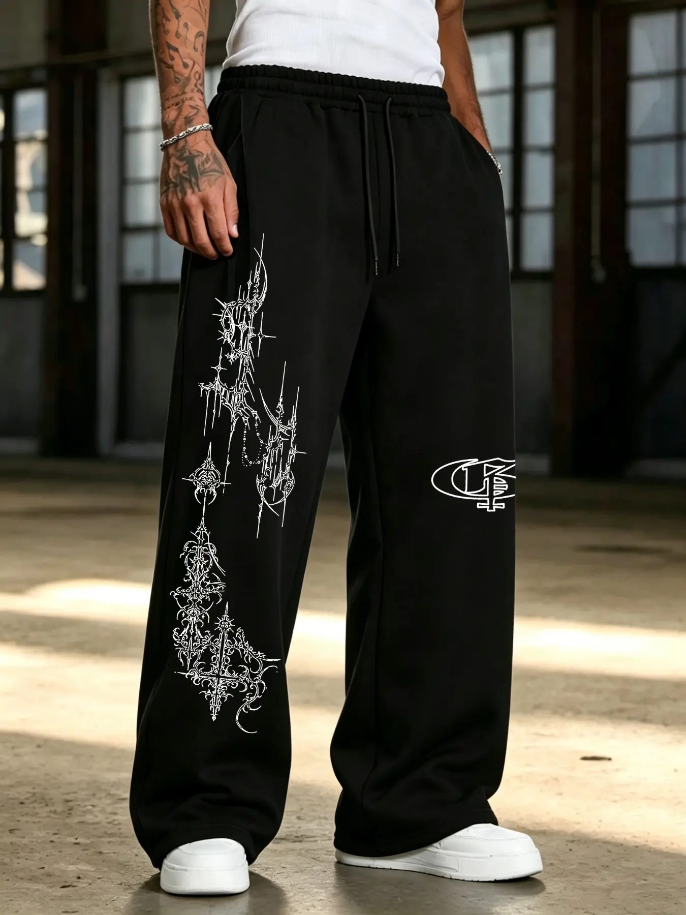 Cross Print Street Style Drawstring Sweatpants, Casual Loungewear Pants, Adjustable Waist Trousers, Loose-Fitting Carrot-Leg Trousers, Comfortable for All Seasons, Versatile Fashion Wear