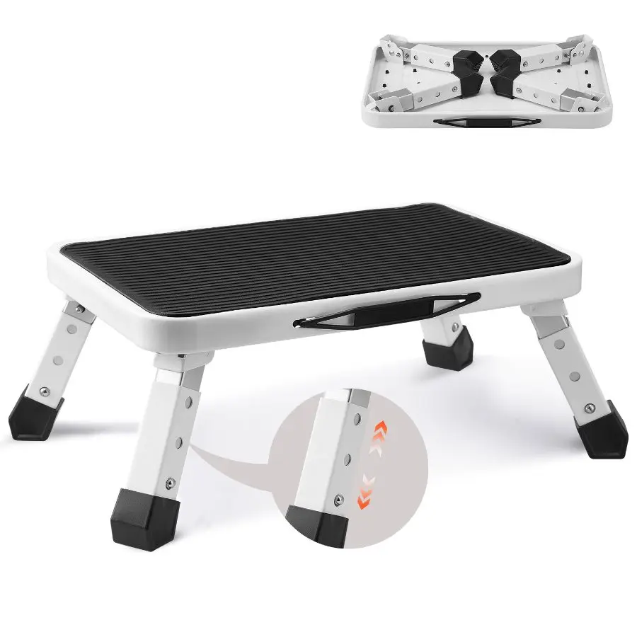 【DealsForYouDays】 1-Step Steel Step Stool with Steel Frame, 3 Adjustable Heights, 330lbs Capacity, Compact 1-Button Fold, Non-Slip Sturdy Portable for Adults, Ideal for Office, Bathrooms, One-Button Folddealsforyoudays