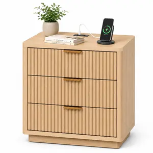 Nightstand with 3 Drawers, Fluted Bedside Table with 2 AC Outlets & 2 USB Ports, Light Wood Night Stand with Storage, End Table with Metal Handles for Bedroom, Living Room