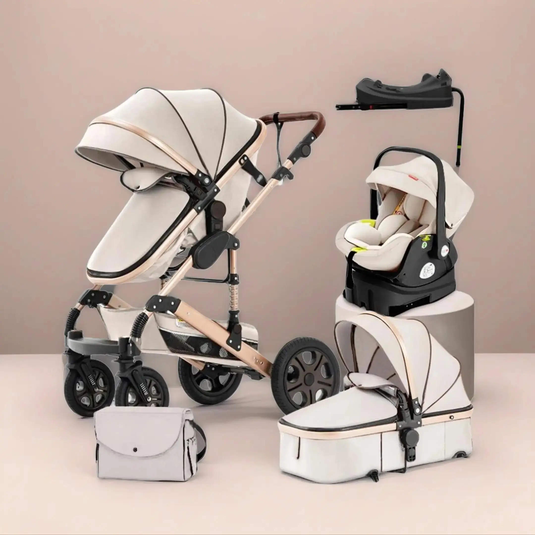 Baby Stroller Travel System Combo - Foldable Reversible Pram with Carry Cot, Infant Pushchair, Isofix Base, Suitable for Infants Up to 10lbs