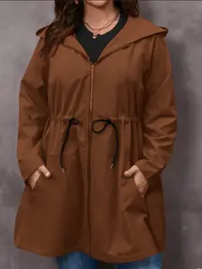Women's Plus Size Lightweight Oxford Casual Commuter Jacket Coats Outerwear, Loose Fit Long Sleeve Hooded Zipper Drawstring Design, All Seasons Wear Womenswear Tops