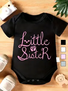 Little Sister Baby Girl Bodysuit, Pink Cursive Heart Footprint Letter Print Short Sleeve 100% Cotton Newborn Infant Romper Onesie