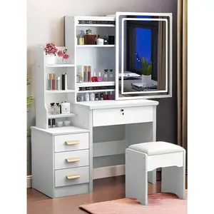 34.8" Elegant White Makeup Vanity Desk With Sliding Lighted Mirror & Touch Control 3-Color Adjustable Lights, 4-Drawer Dressing Table Set With Stool, Storage Shelves – Modern Space-Saving Vanity Table For Bedroom,