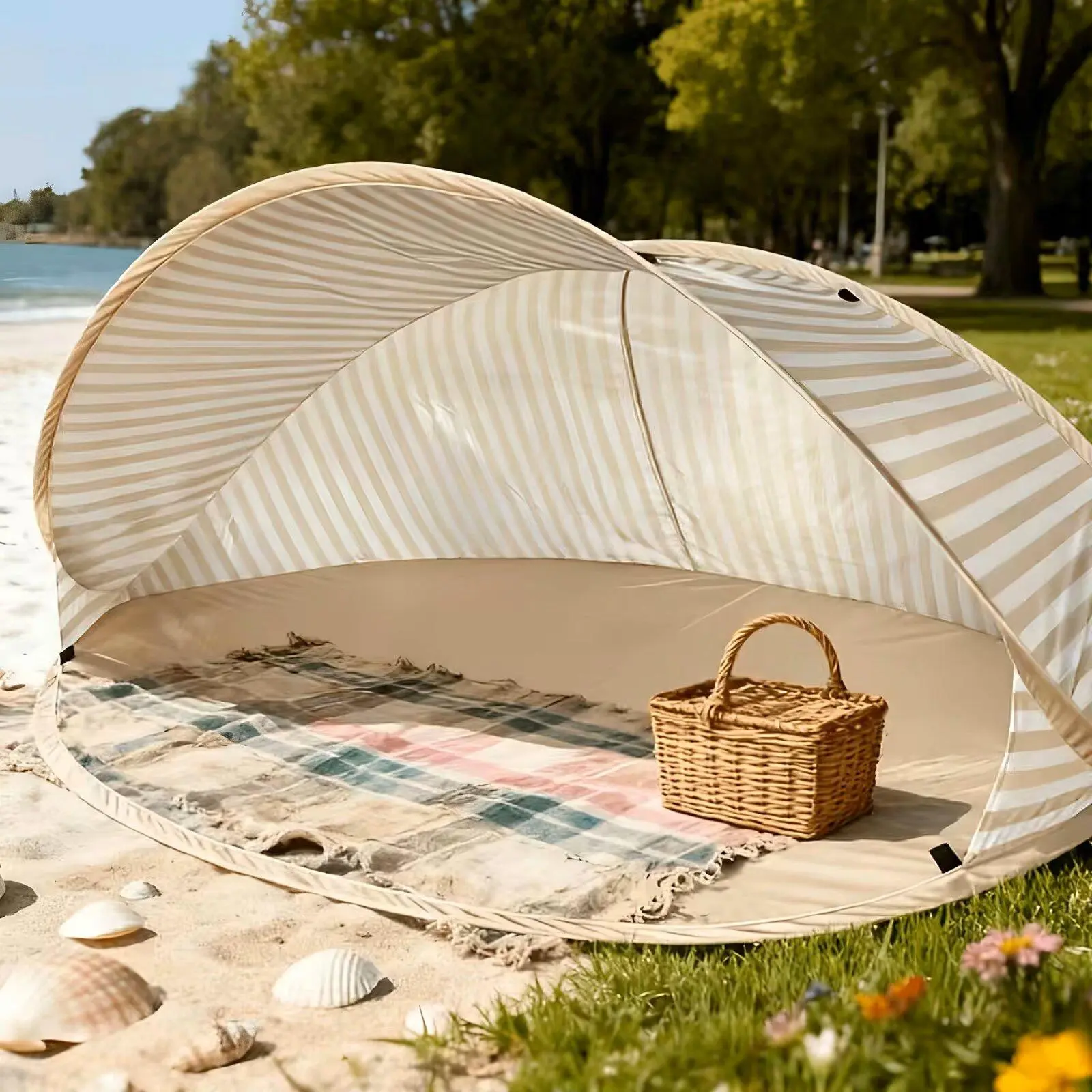 Quick setup 2-person beach tent! No assembly required for the beach tent—it’s a portable pop-up sunshade, an easy-to-use outdoor canopy suitable for the beach, picnics, parks, camping, and family leisure.