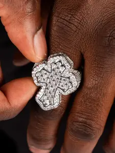 Iced Out 18K Gold Plated Iced Out Cross Ring, Full Baguette & Round CZ Diamond Bling Ring, Hip Hop Punk Statement Ring for Men Women, Rapper Style Cocktail Party Jewelry Gift