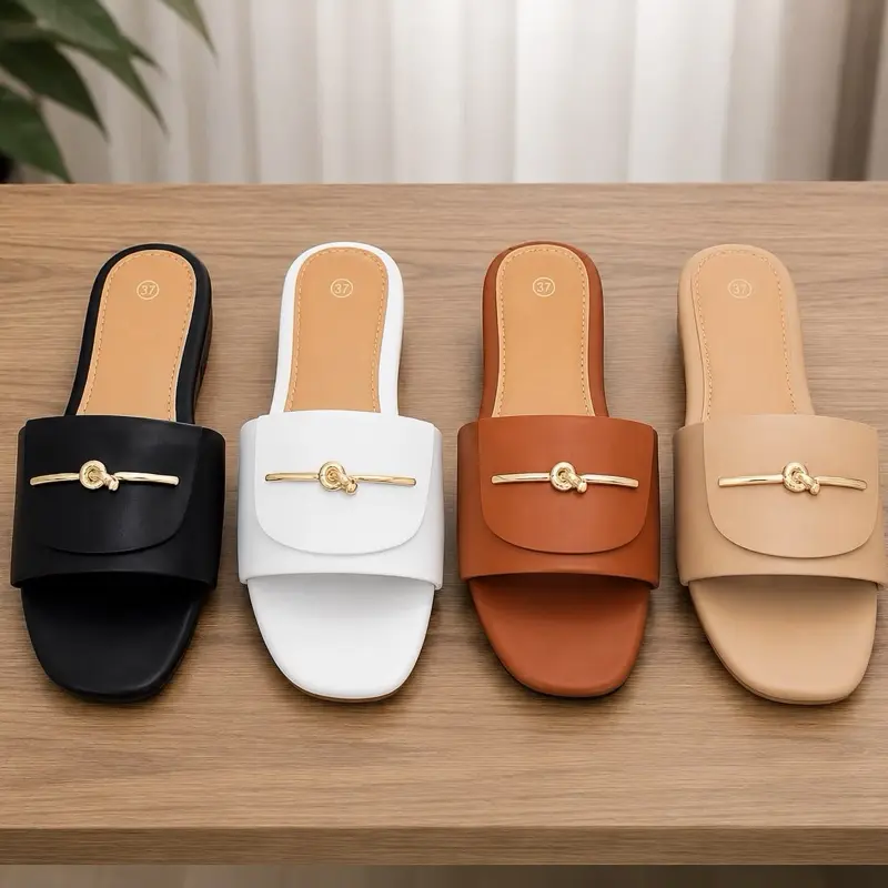 Women's Flat Slide Sandals with Knotted Metallic AccentSquare Toe Faux Leather Slide Sandals with Gold HardwareSlip-On Summer Mule Flats for WomenElegant Minimalist Open Toe Slides with Gold Metal Detail