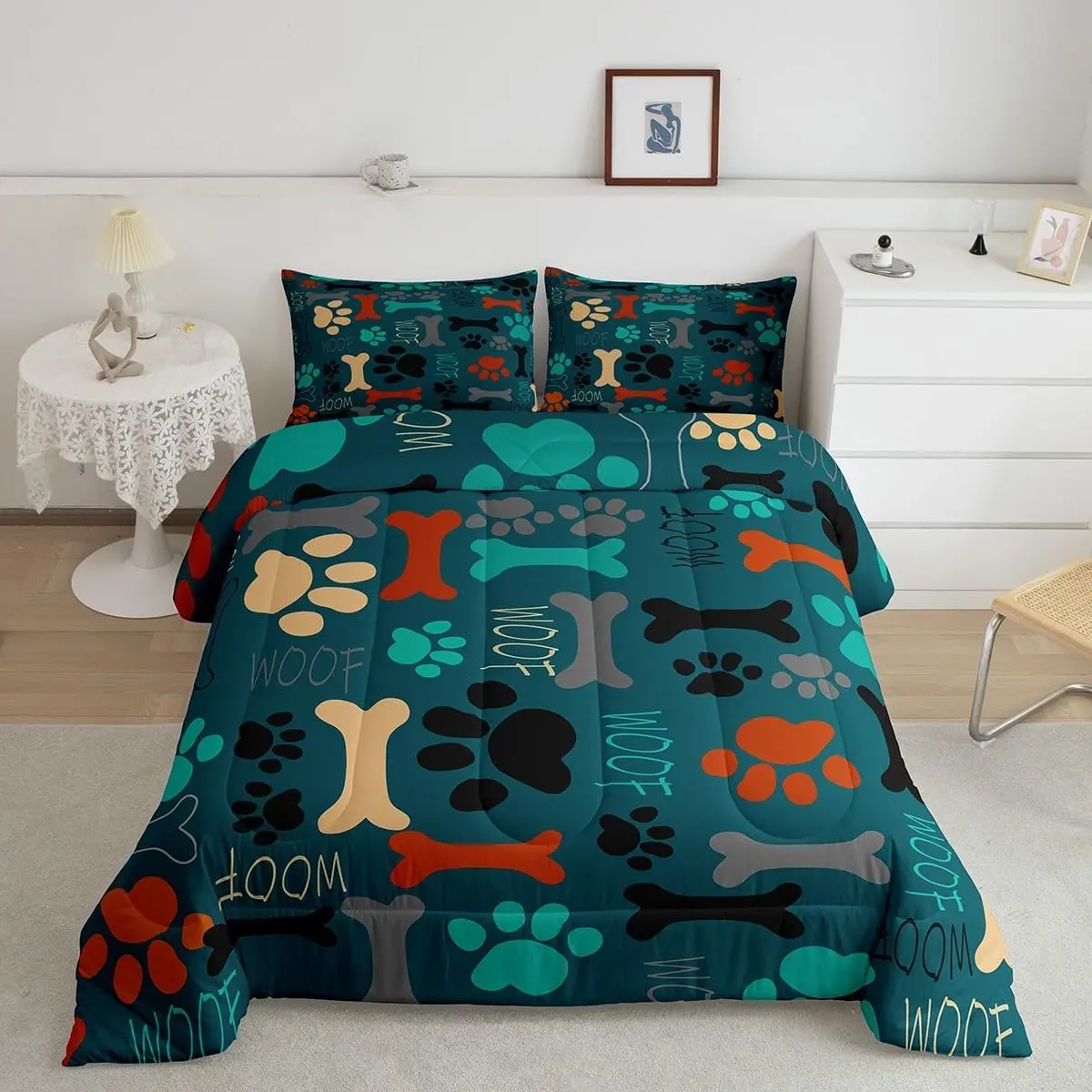 Feelyou Print Throw Blanket Set - Polyester Microfiber Cloth, Bones & Puppy Claw Marks Design, Lightweight, Breathable, Multi-Size, Twin Option, Travel-Camping Ready for Dog Lovers, Center Comforter Duvets & Sets, No