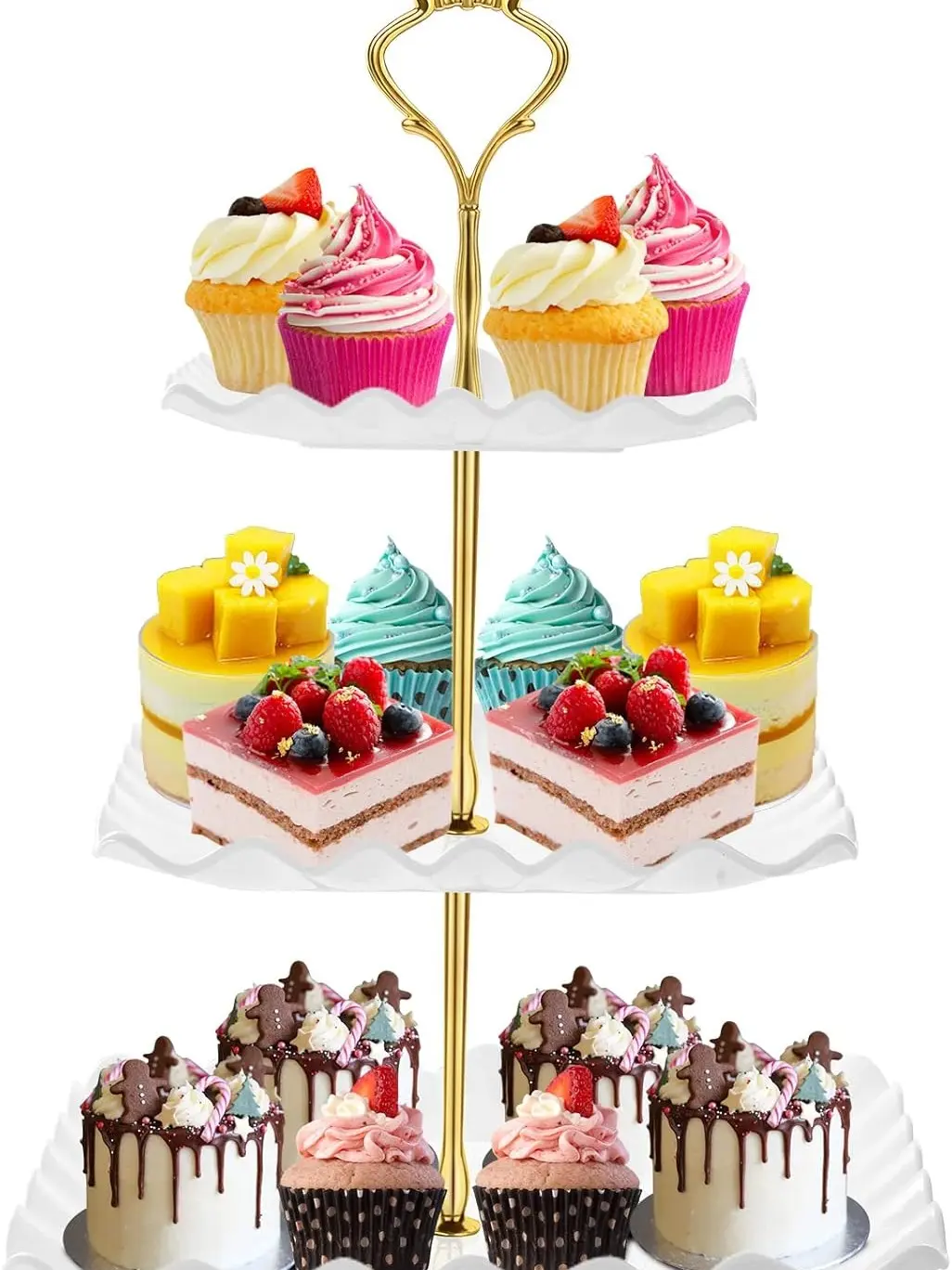 [New Deal] Dessert Cupcake Stand, 3 Tier Cup Cake Holder Tower for Tea Party/Birthday/Weeding, Plastic Tiered Serving Tray with Metal Rod, White, Cupcake Stand Set, Business