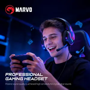 MARVO USB Wired Gaming Headset - 114dB Sensitivity, Omnidirectional Microphone, RGB Lighting, Soft Ear Cushions, Compatible with Console PC Mobile Gaming