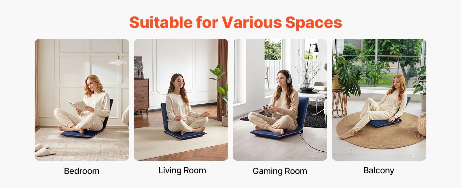 VEVOR Floor Chair, 6 Adjustable Positions Folding Floor Gaming Chair with Back Support, Easy to Carry, Sturdy Metal Frame with Recycled Foam and Suede Fabric Surface, for Reading, Relaxing, Dark Blue