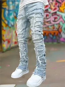 Men's Regular Fit Plain Embroidery Ripped Straight Leg Jeans, Casual Comfy Denim Pants for Daily Wear, Fashion Men's Bottoms for All Seasons, Cotton, Ripped Knee Jeans, Streetwear, Distressed Jeans, Ripped Hole Jeans