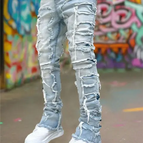 Men's Regular Fit Plain Embroidery Ripped Straight Leg Frayed Distressed Denim Jeans, Embroidered Casual Jeans, Casual Comfy Denim Pants for Daily Wear, Fashion Streetwear Men's Bottoms for All Seasons
