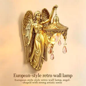 Gold Angel Wall Lamp – Vintage Sculpture with Crystal Drops & Dimmable Soft Light for Bedroom Hallway Gothic Home Decor