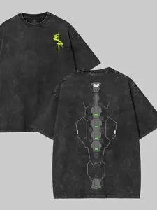 Men's Cyberpunk Sci-Fi Vintage Menswear T-Shirt - Black Acid-Washed Round Neck Shortsleeve Top, Large Mechanical Robotic Figure Back Print, Yellow Lightning Bolt Logo, Distressed Fathers' Day Gift