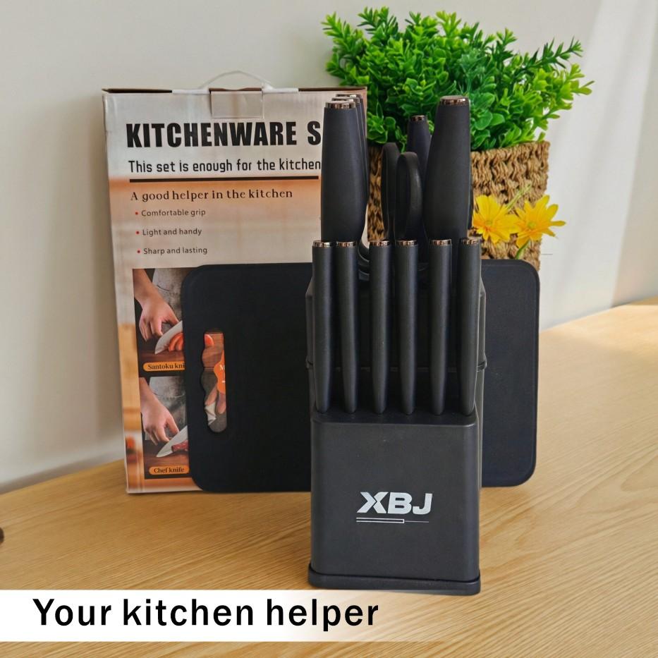 15-Piece Kitchen Knife Set: Solid Wood & Plastic Knife Block, Including Chef's Knife, Japanese-Style Knife, Meat/Vegetable Knife, Chicken Bone Knife, German-Style Steak Knife. Multi-Color Stainless Steel, Ideal for Home Storage & Gifting. Silicone Cutting