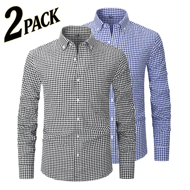 2-Pack Men's Vichy Pattern Shirts Slim Fit Button Collar Business Casual Long Sleeve Tops