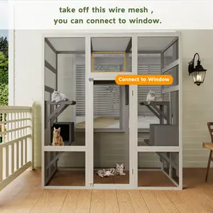 Eco-Friendly Wooden Cat Villa with 5 Platforms & 2 Napping Houses - 70.1" x 62.6" x 32.3" - Weather-Resistant & Rust-Proof Mesh for Safety & Ventilation - Connect to Window Feature