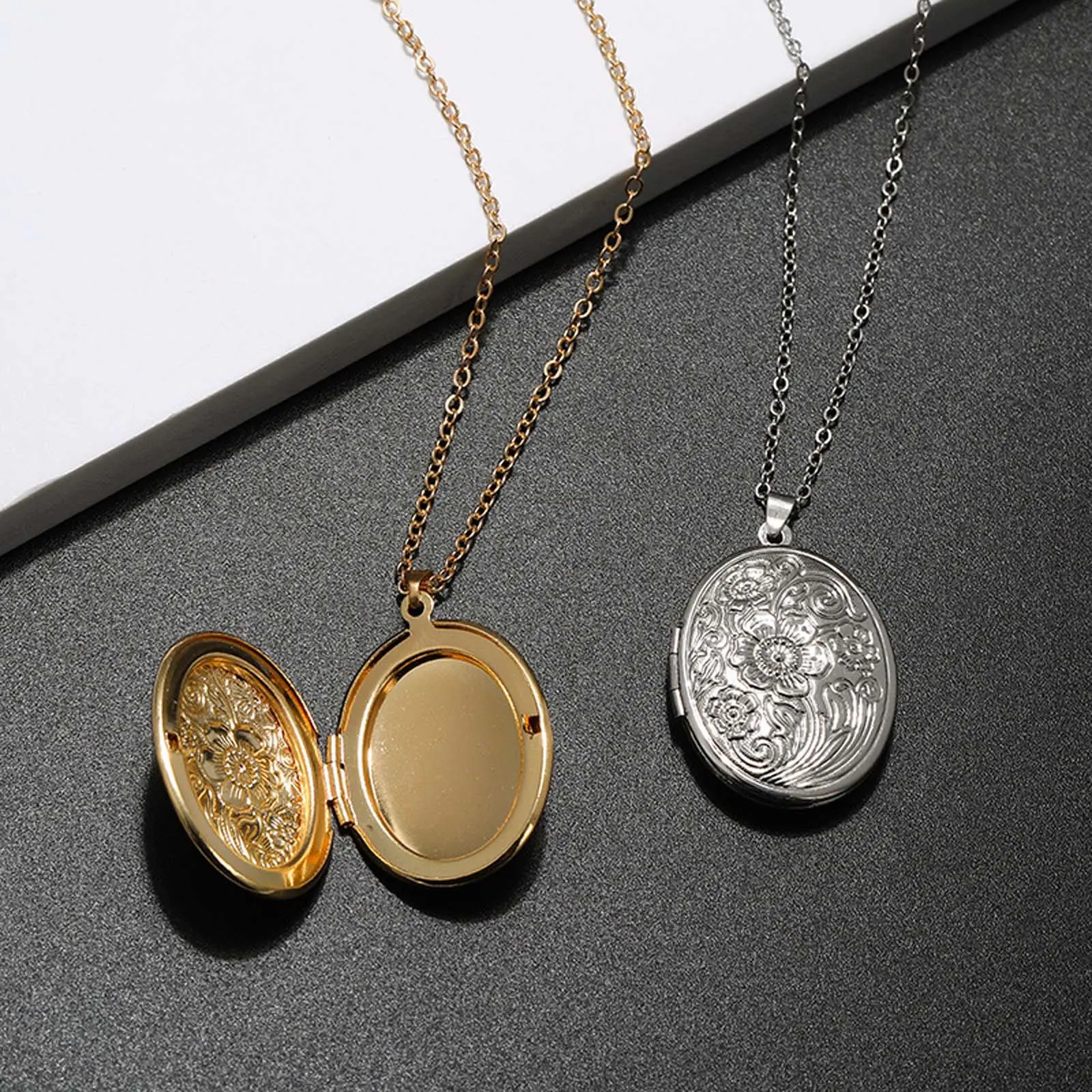DIY accessories photo box oval carved pattern pendant can be opened pendant necklace men and women jewelry couple anniversary gift