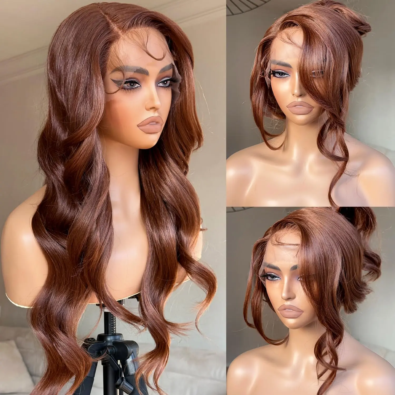Wig Auburn Lace Front Wig Ready to Wear, HD Glueless 13X5X1 Synthetic Lace Front Wigs Pre Plucked, Wig 24inch Side Part Bombshell Body Wave Wig