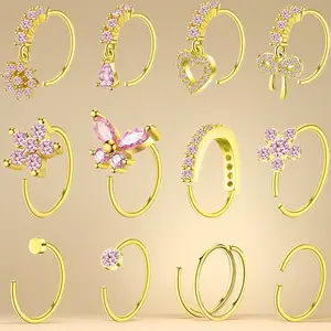 20G Stainless Steel Nose Hoop Rings for Women – Heart Butterfly Flower Bow Teardrop Double Nose Piercings, Gold Plated Silver Pink Clear CZ Nose Piercing Jewelry