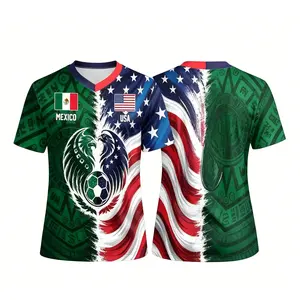 Full Half USA Half Mexico Flag Split Print Jersey, Personalized Binational Pride Soccer Shirt, Mexican American Flag Fan Jersey, Custom Name and Number Jersey, Lightweight Breathable Game Day Outfit, USA Mexico Heritage Gift