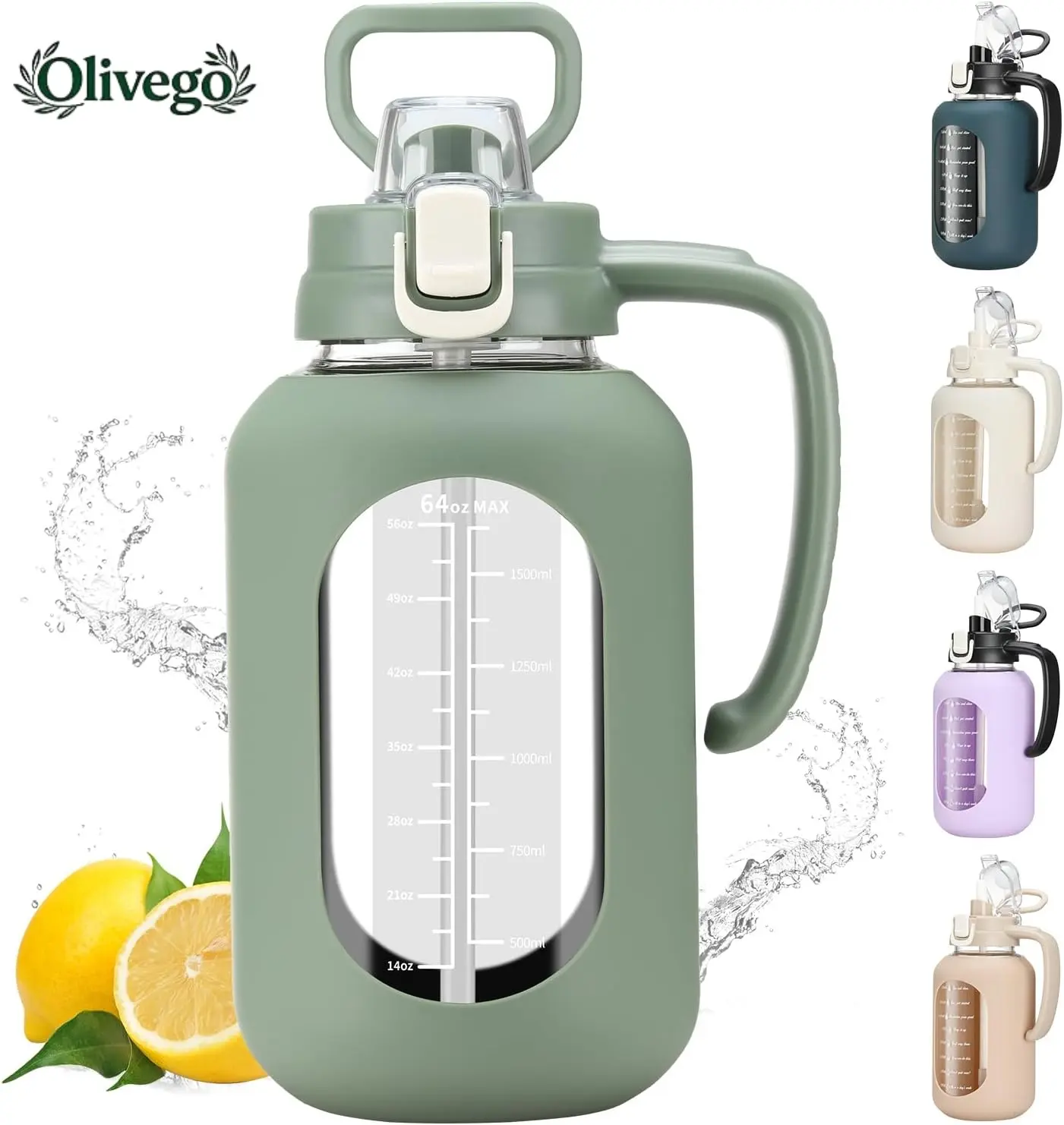 Olivego - 64 oz Glass Water Bottle with Time Marker Motivational Water Jug for Gym & Fitness Large Half Gallon Capacity BPA-Free Leak-Proof Sports Water Bottle with Silicone Sleeve & Handle Lid - Drink #2,summerwins