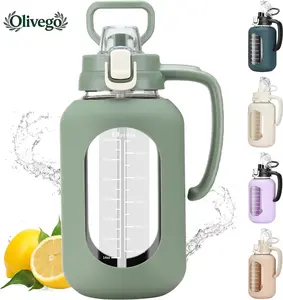Olivego - 64 oz Glass Water Bottle with Time Marker Motivational Water Jug for Gym & Fitness Large Half Gallon Capacity BPA-Free Leak-Proof Sports Water Bottle with Silicone Sleeve & Handle Lid - Drink #2
