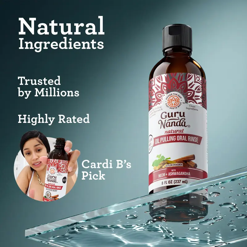 GuruNanda Cinnamon & Coconut Oil Pulling with Neem & Ashwagandha, Promotes Fresh Breath & Calmness, Alcohol-Free, 8 fl oz
