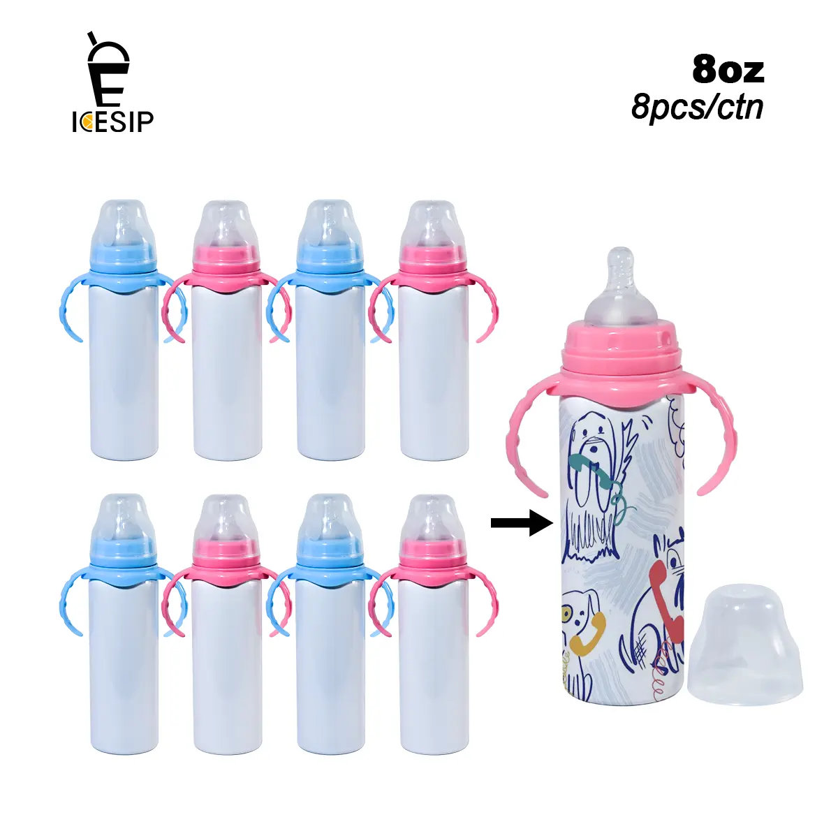 Icesip 8-Piece 8oz/240ml Sublimation White Bottle Set with Handle, Silicone Sipper Spouts, Mixed Blue & Pink Handles for Party Events, Gift Pack