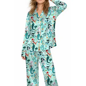 Aqua Retro Mermaids Teal Pinup Girls Martini Mermaids Short Sleeve Satin Pajama Set