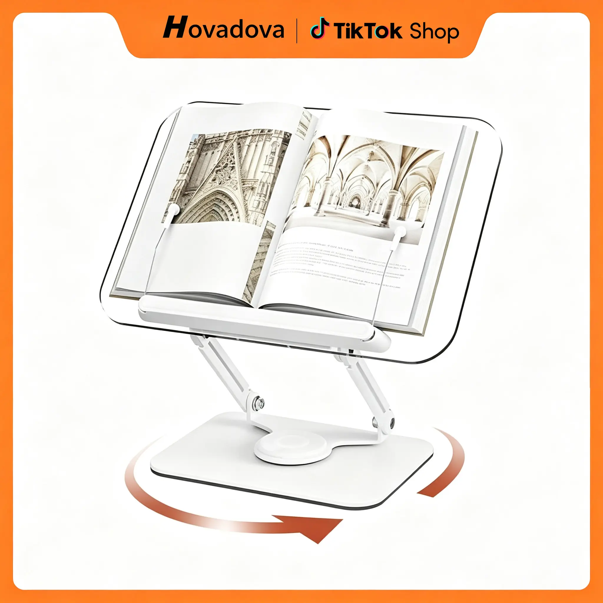 Black Height-Adjust Folding Acrylic Book Stand for Cookbook, Readers - Desktop Copyholder with 360° Rotatable Base, Elastic Page Hold Clips, Compatible with Laptop, Tablet