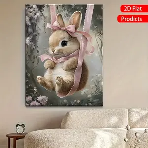 [2D Flat] 1 Unique Style Solid Wood Frame Canvas Painting Charming Swing Rabbit Pink Lace Butterfly Festival (1) Perfect For Home Decoration, Festive Occasions And Gifts For Himher. Suitable For Living Room And Bedroom, Ready To Hang