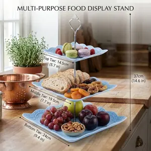 Three-tiered square dessert stand with embossed patterns, blue cupcake display stand, metal handle, equipped with fruit and cookie trays, suitable for afternoon tea, wedding parties, and home decoration