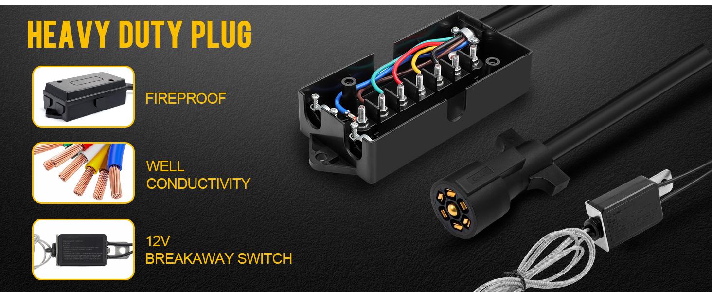 Partsam 7 Way Trailer Wiring Harness Kit 8ft Trailer Cord with 12V Breakaway Switch and Plug Holder, 7 Gang Junction Box Waterproof