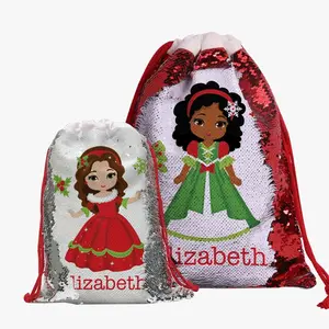 Winter Princess Personalized Christmas Sequin Drawstring Gift Sack | Personalized Santa Bag for Kids