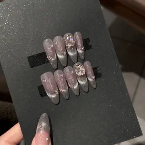 Silver Pink Brush Cat Eye Long Short Press on Nail