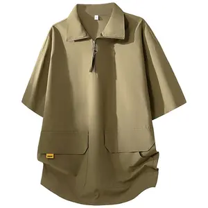 Summer 2026 Men’s Short-Sleeve Polo Shirt — Workwear-Inspired Turn-Down Collar, Half-Zip Closure, Loose Fit, Breathable and Versatile Trendy Style with Patch Pocket, Everyday Wear