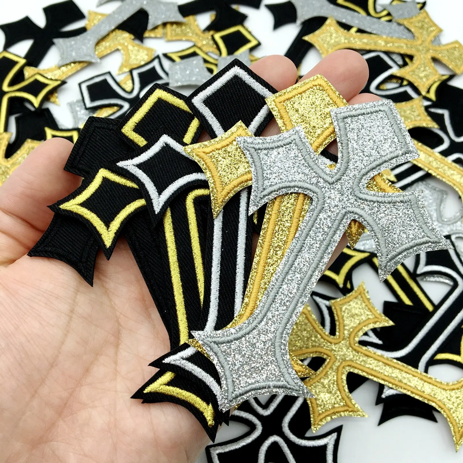 16pcs/set Fashion Punk Cross Geometric Unique Embroidering Design Embroidery Embroidered iron on patches for clothes backpacks, jeans, jackets, T-shirts, hats, dresses, party clothes, etc, New Color (Shiny Golden, Shiny silvery) - Are your clothes torn