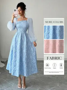 Elegant Women's Embroidered Polka Dot Floral Midi Dress, Long Sleeve Fitted Woven, Perfect for Festive Parties, Fashionable Comfort Design, Ideal Casual