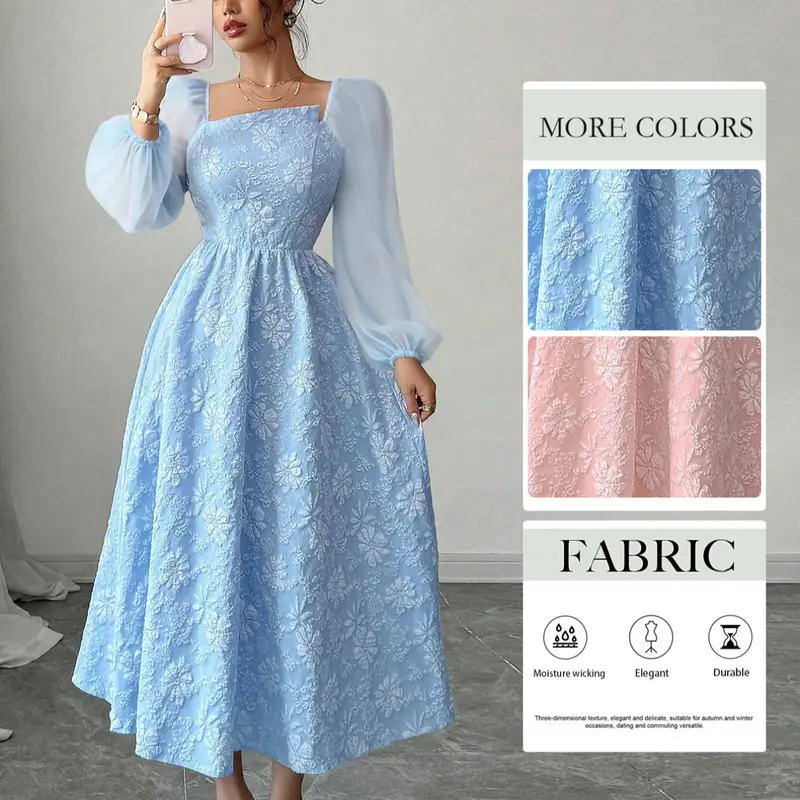 Elegant Chic Women's Long Sleeve Embroidered Floral Polka Dot Midi Brunch Dress, Perfect for Festive Parties, Fashionable Comfort Design, Ideal Casual Woven Fabric