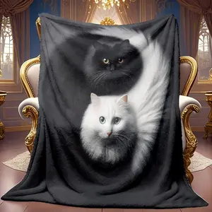 1pc Black And White Cat Shadow Harmonious Coexistence Pattern Theme Pattern Flannel Blanket Soft High-definition Digital Printing Cooling Blanket Suitable For All Year Round! 100% Polyester Fiber, Suitable For Family And Friends All Year Round