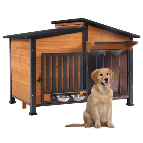 Aivituvin-AIR7021 Metal Frame Wooden Pet House - Waterproof Roof, Outdoor Crate Kennel Enclosure, Pet Furniture with Convenient Metal Food & Water Bowls, Polyvinyl Chloride (PVC) Door Flap