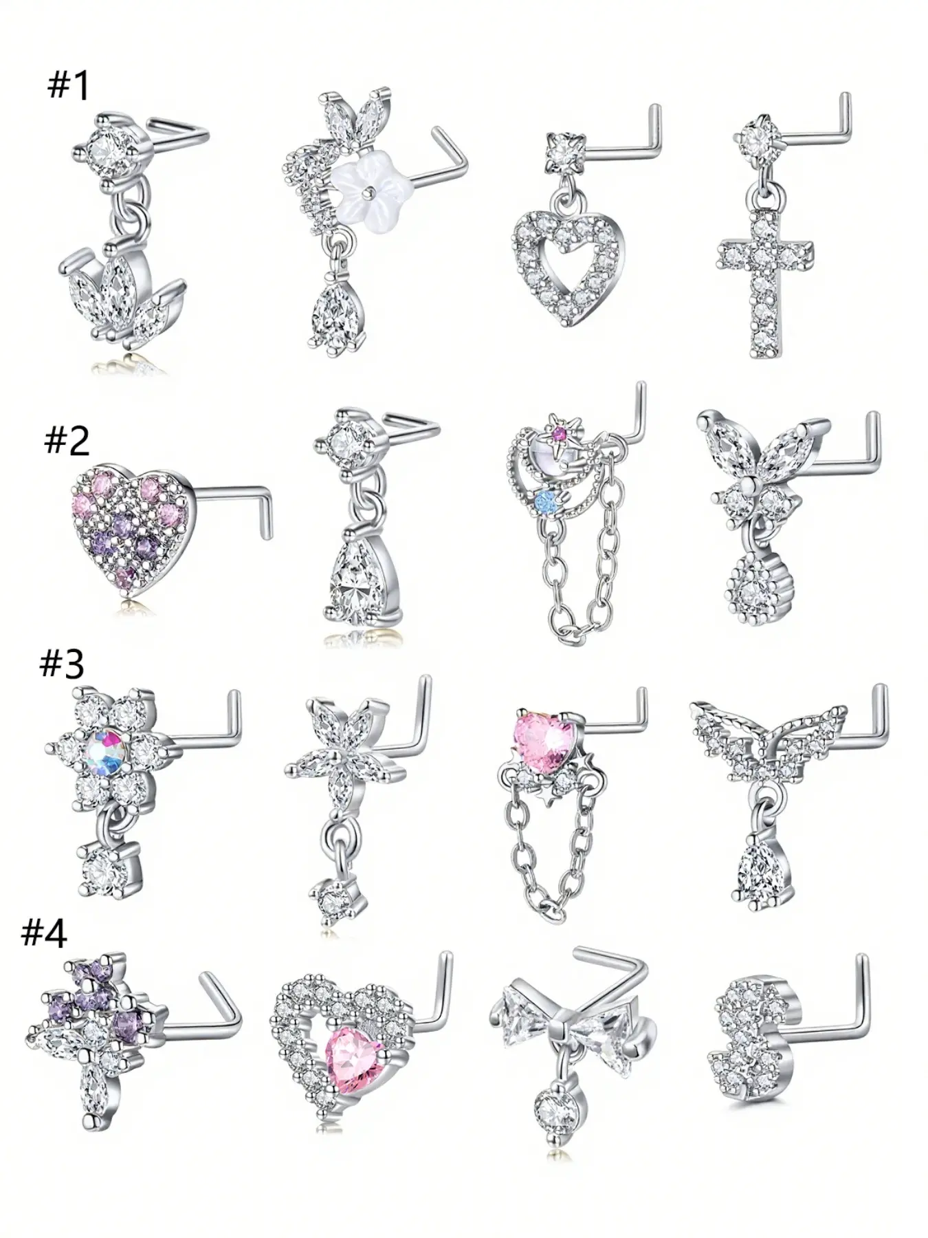 4 Counts Elegant Dangle Nose Ring, 20g L-Shaped Stainless Steel Nose Studs for Women, Butterfly & Heart Design, Best Party Jewelry Gift Choice, Nose Piercing Jewelry, Body Jewelry, Body Jewellery