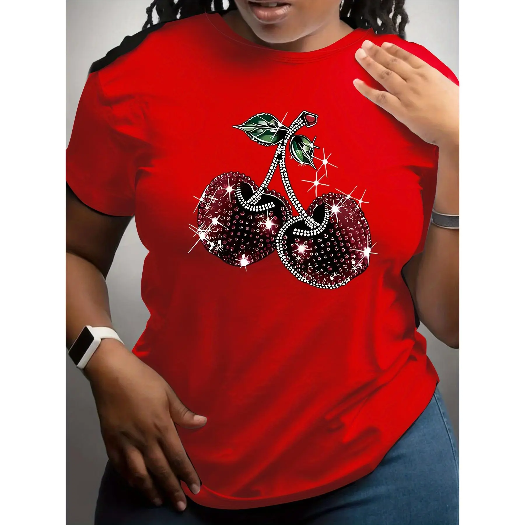 Women's  Red T-Shirt with Geometric Cherry Print - 100% Cotton Oversized Crew Neck Short Sleeve Top, Medium Stretch 180gsm Fabric, Hypoallergenic & Machine Washable for Spring/Summer Casual Wear