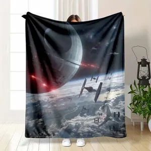 Galactic Battle Flannel Blanket Futuristic Spaceship and Planet Print Pattern Soft Warm Cozy Durable Lightweight Perfect for Bedroom Sofa Office Travel Gifts Movie Nights Home Décor summerwins