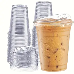 Degradable Disposable Cups, Food Grade PET Cold Cups with Flat Lid, Leak Proof Iced Coffee Cups for  Tea Shop – For Café  Tea Store Use